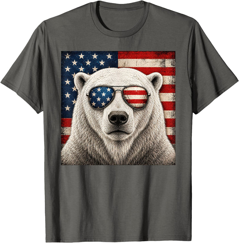 Retro Polar Bear USA Sunglasses July Fourth Polar Bear 4th of July US American Flag Patriotic T-Shirt - Asphalt Grey
