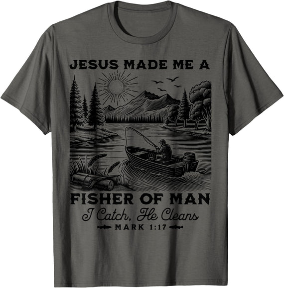 Fisher of Man Mark 1:17 Christian Scripture Jesus Fishing T-Shirt - Asphalt Grey