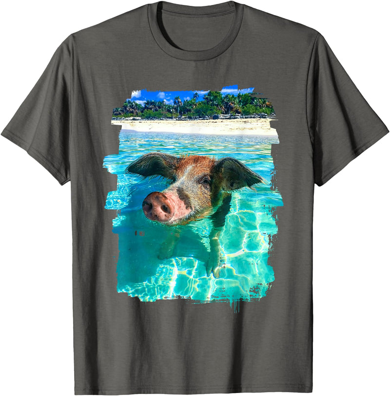 Abab Pig Caribbean Bahamas Beach Summer Vacation The Bahamas Swimming Pig Caribbean Beach Trips Summer Vibes T-Shirt - Asphalt Grey