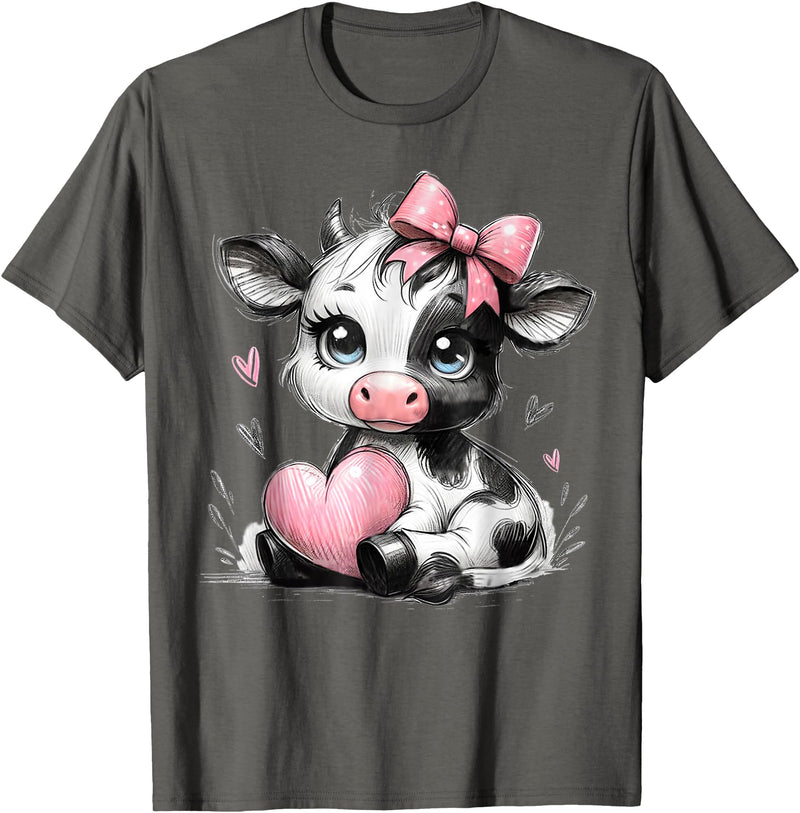 Cow Farmer Coquette Bow Tees Cute Baby Cow with Pink Coquette Bow Holding Heart T-Shirt - Asphalt Grey