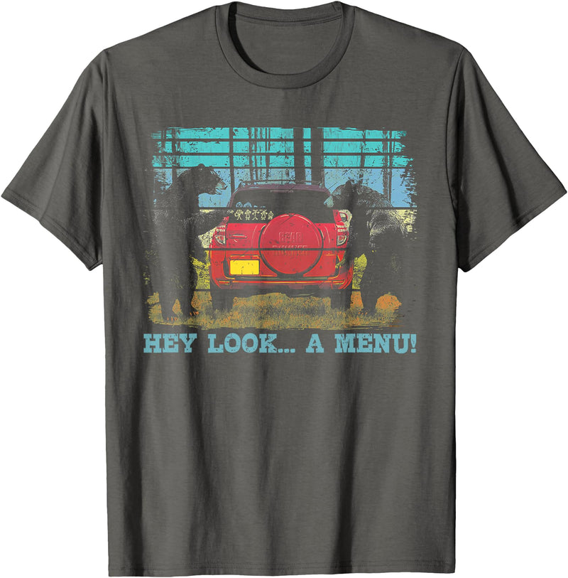 Funny Camping Lovers Gift Tee Hey Look A Menu Funny Bear Camping Retro Vintage Camper Car T-Shirt - Asphalt Grey