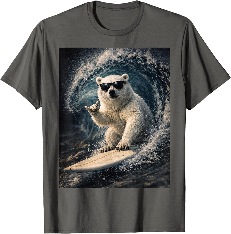 White Bear Surfing Waves Funny Animal Apparel Funny Polar Bear Surfer Catching Waves | Shaka Funny Animal T-Shirt - Asphalt Grey