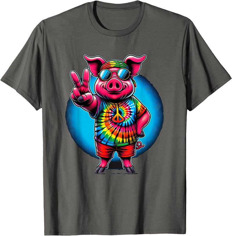 Pig Hippie Costumes Peace Sign Tie Dye Pig T-Shirt - Asphalt Grey