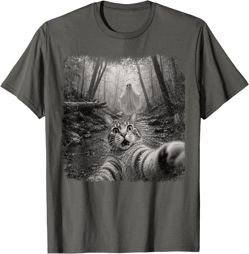 Halloween Ghost Cat Selfie Forest Lat Halloween Ghost Cat Forest Selfie Scared Men Women Kid T-Shirt - Asphalt Grey