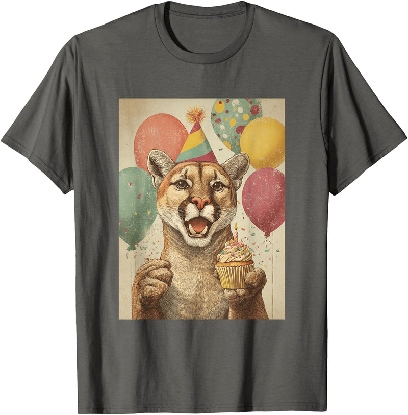 Animal Zoo Mountain Lion Birthday Apparel Mountain Lion Retro Art Print Birthday Party Cupcake T-Shirt - Asphalt Grey
