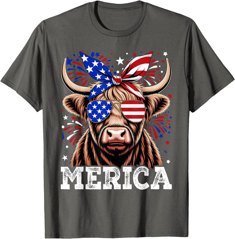 Highland Cow Lover Gift Co. 4th Of July Highland Cow Merica American Farm Men Women T-Shirt - Asphalt Grey