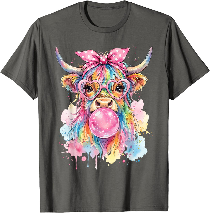 Cute Highlander Cow Lover Designs Highland Cow Blowing Bubblegum T-Shirt - Asphalt Grey