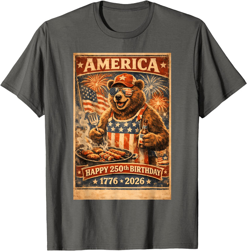 USA Birthday 250th American Spirit Tees All Ages Celebrate 250 Years with Fun Bear BBQ Graphic T-Shirt - Asphalt Grey