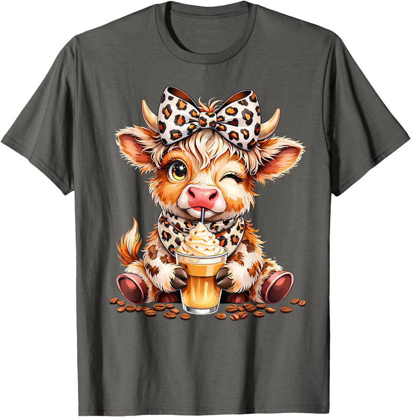 Cute Highland Cow Coffee Addict Leopard Bow Highland Cow Coffee Addict Funny Drink Coffee T-Shirt - Asphalt Grey
