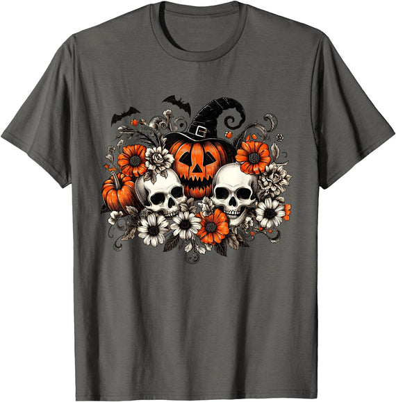 Scary Halloween Skull Pumpkin Halloween Vintage Skull Pumpkin Flowers T-Shirt - Asphalt Grey