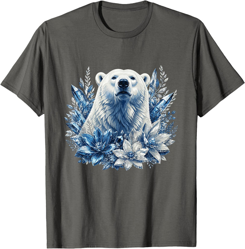 Arctic Polar Bear Winter Floral Nature Ice Blue Snow Polar Bear with Winter Flowers T-Shirt - Asphalt Grey