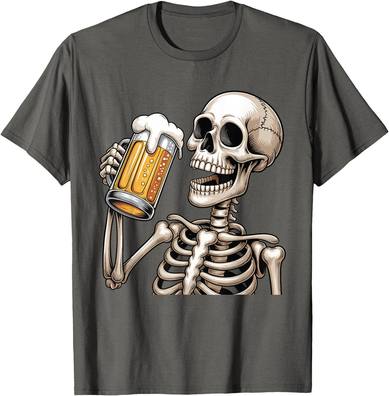 Halloween Skull Skeleton Drinking Beer Funny Kids Skeleton Drinking Beer Halloween Spooky Season Mens Womens T-Shirt -
