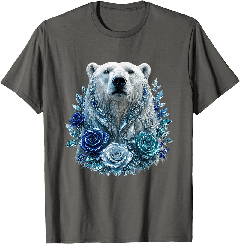 Arctic Polar Bear Crystal Rose Winter Spirit Majestic Polar Bear with Blue Ice Crystal Roses T-Shirt - Asphalt Grey