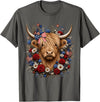 Funny July 4th Highland Cow Farm Lovers Highland Cow Florals 4th of July USA Flag Patriotic Women T-Shirt - Asphalt Grey