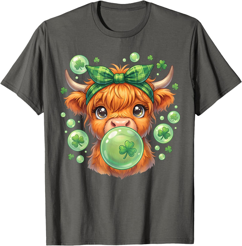St. Patricks Day Highland Cow Blowing Bubblegum Celebrate St Patricks Day T-Shirt - Asphalt Grey