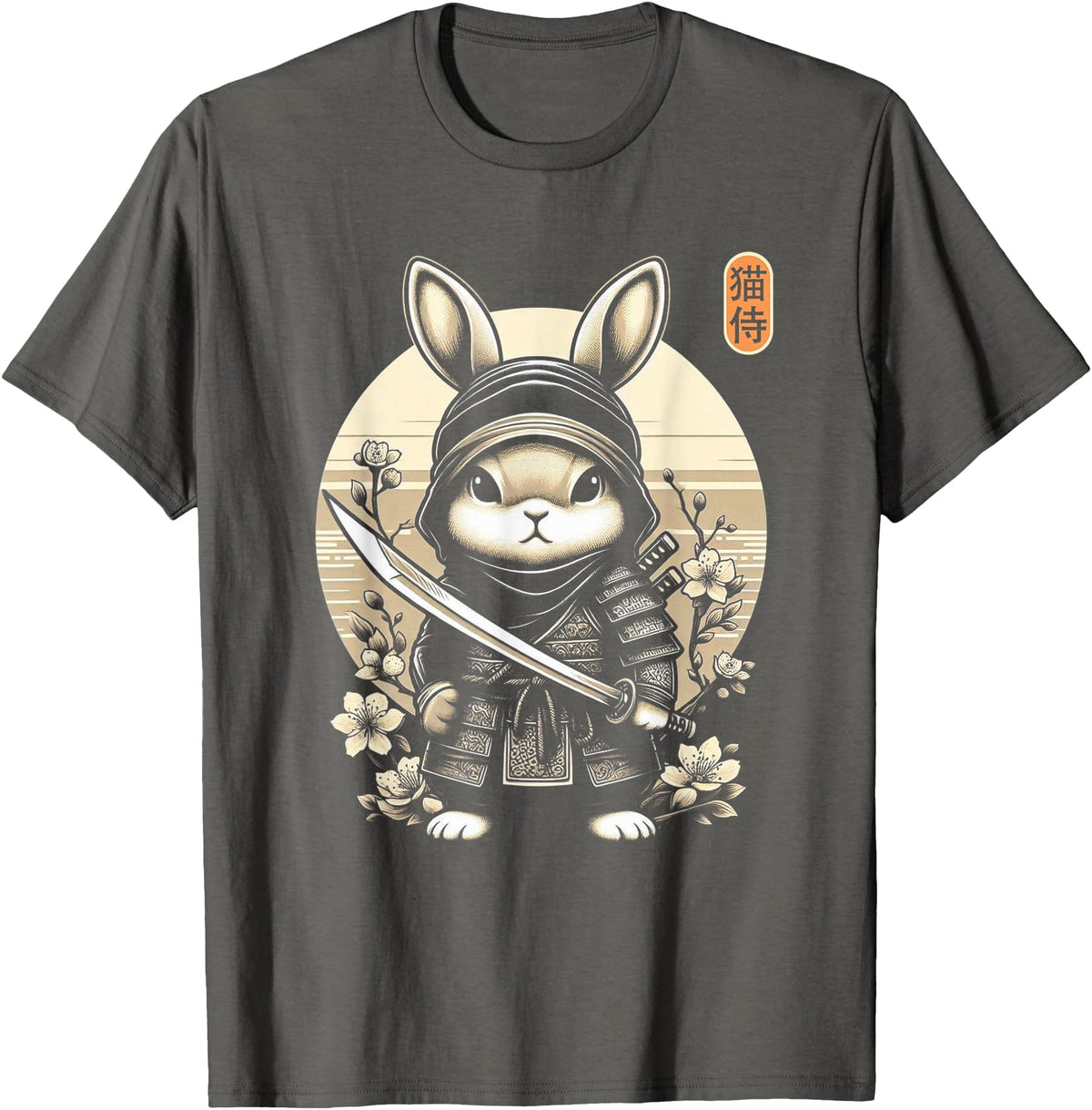 Japanese Samurai Ninja Rabbit Tattoo Japanese Kawaii Art T-Shirt in Asphalt Grey