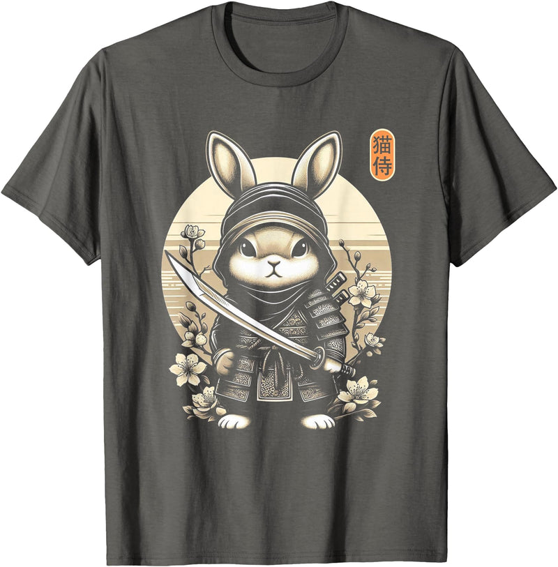 Japanese Samurai Ninja Rabbit Tattoo Japanese Kawaii Art T-Shirt in Asphalt Grey
