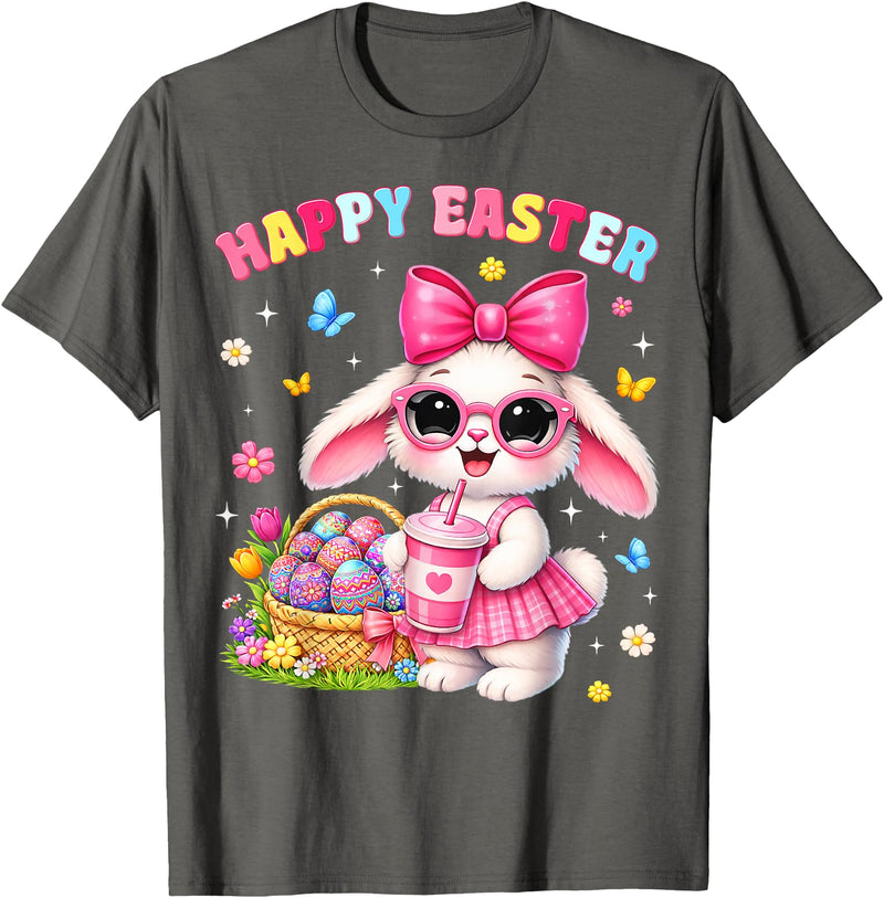 Happy Easter Coquette Easter Egg Rabbit Bunny Women Girl Kid T-Shirt in Asphalt Grey