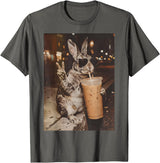 Rabbit Drinking Iced Coffee Funny Easter Bunny Men Women T-Shirt in Asphalt Grey