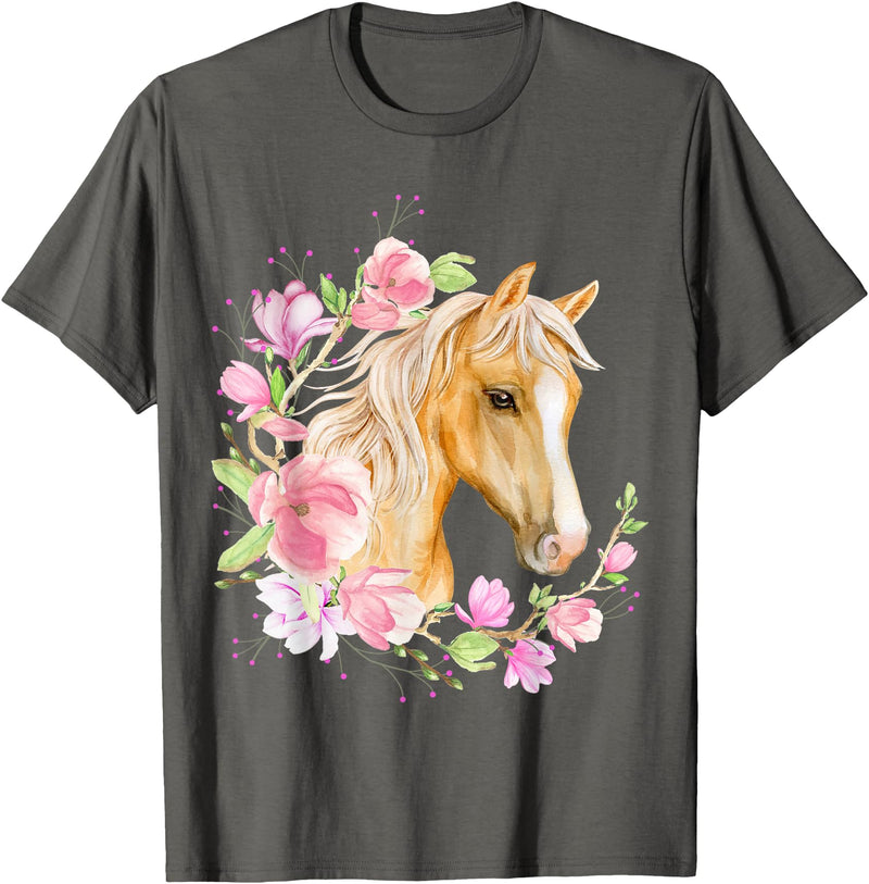 DB Trading Post Palomino Horse, Magnolias, Horse Lovers, Blonde Horse Floral T-Shirt - Asphalt Grey