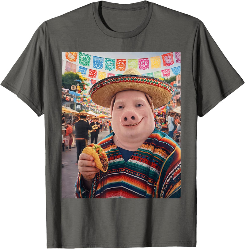 Pig John Pork Mexico Meme John Pork Funny Pig Man Mexican Fiesta Cinco de Mayo Taco T-Shirt - Asphalt Grey