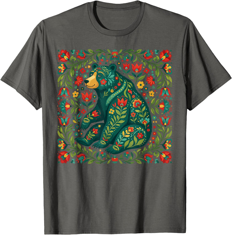 Nordic Scandinavian Folk Art Flower Designs Scandinavian Folk Art Bear Floral Pattern Nordic Animal T-Shirt - Asphalt Grey