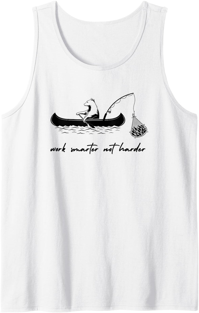 CAMCdesigns Work Smarter Not Harder Bear Fish Canoe Outdoors Funny Camp Tank Top - White