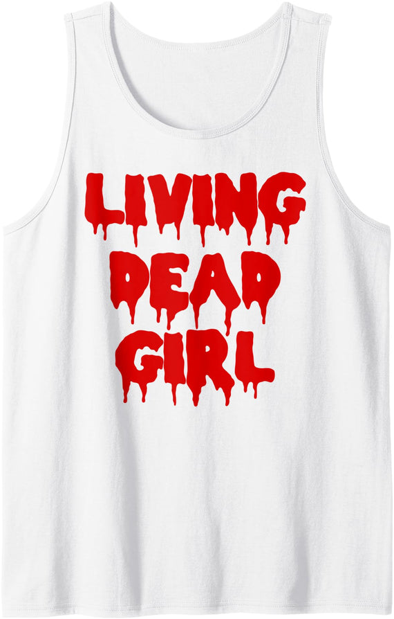 Retro Living Dead Horror Flick Dripping Blood Halloween Zombie Movie Living Dead Girl Tank Top - White