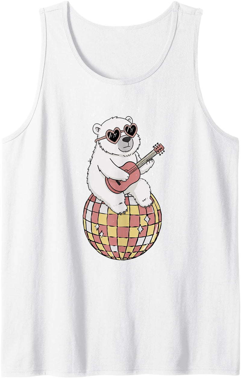 DiscoballAxis1 Funny Polar Bear Disco Dancing Ball Groovy Retro 80s Costume Tank Top - White