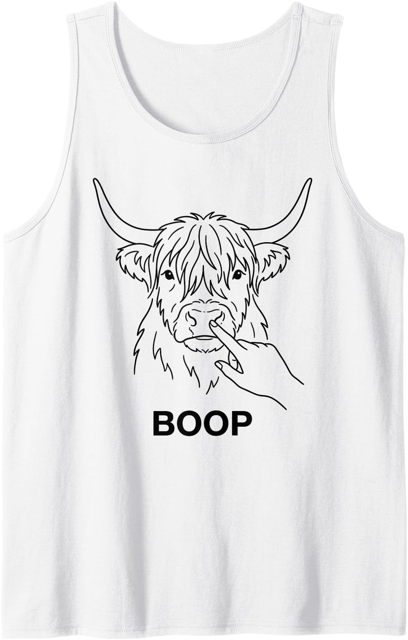 Boop Club Co Boop Highland Cow Nose Poke Funny Farm Animal Line Tank Top - White