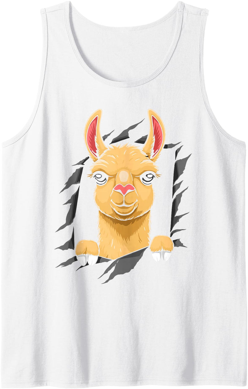 Llama looks from torn fabric Cute llama torn fabric funny llama lovers kids women men Tank Top - White