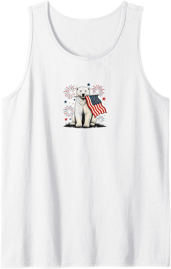 Polar Bear Proud USA Celebration Designs Polar Bear Holding America Flag USA 4th of July Tank Top - White