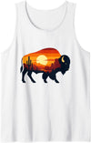 Wild Bison Sunset Desert Landscape Nature Desert Buffalo Silhouette Cactus Sunset Scene Tank Top - White