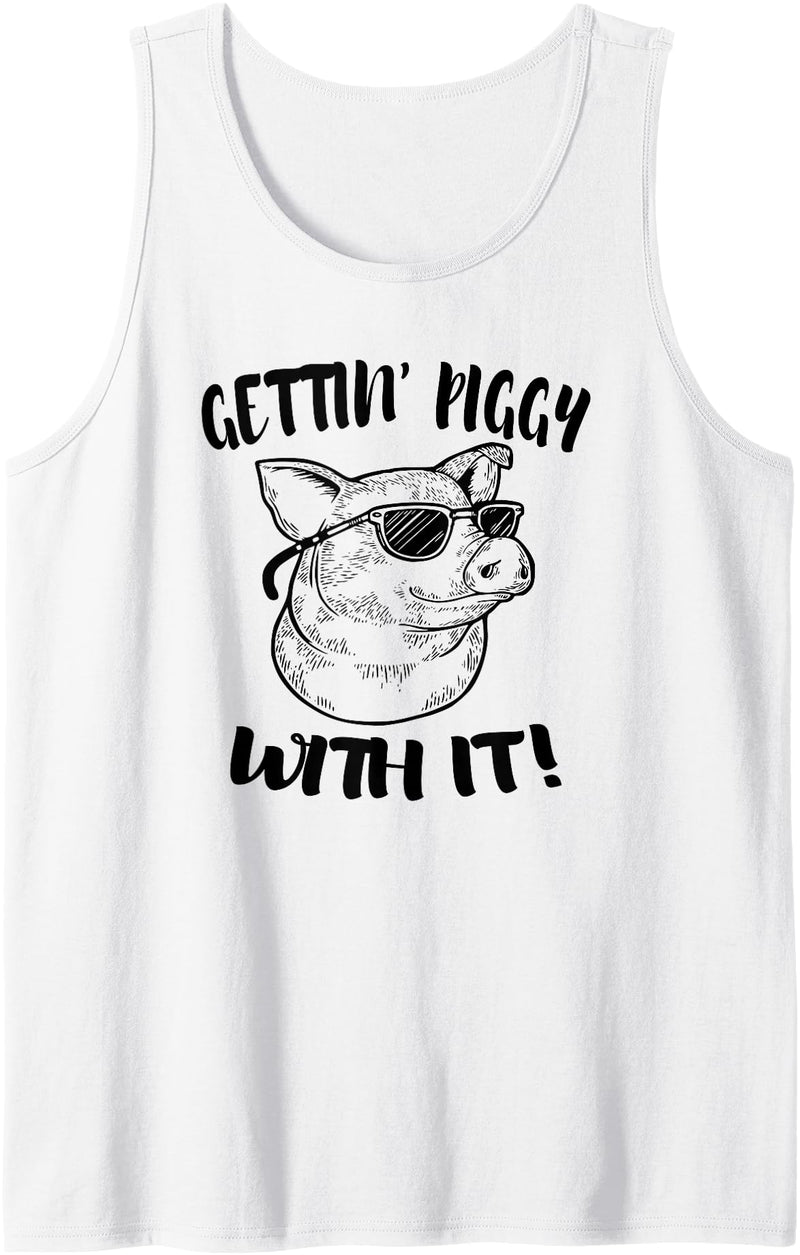 Animal Collection. Pig Shirt Gettin' Piggy With It Funny Animal Tank Top - White
