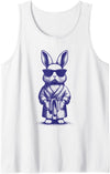 Rabbit with Robe and Sunglasses Blue Retro Easter Bunny Tank Top in White