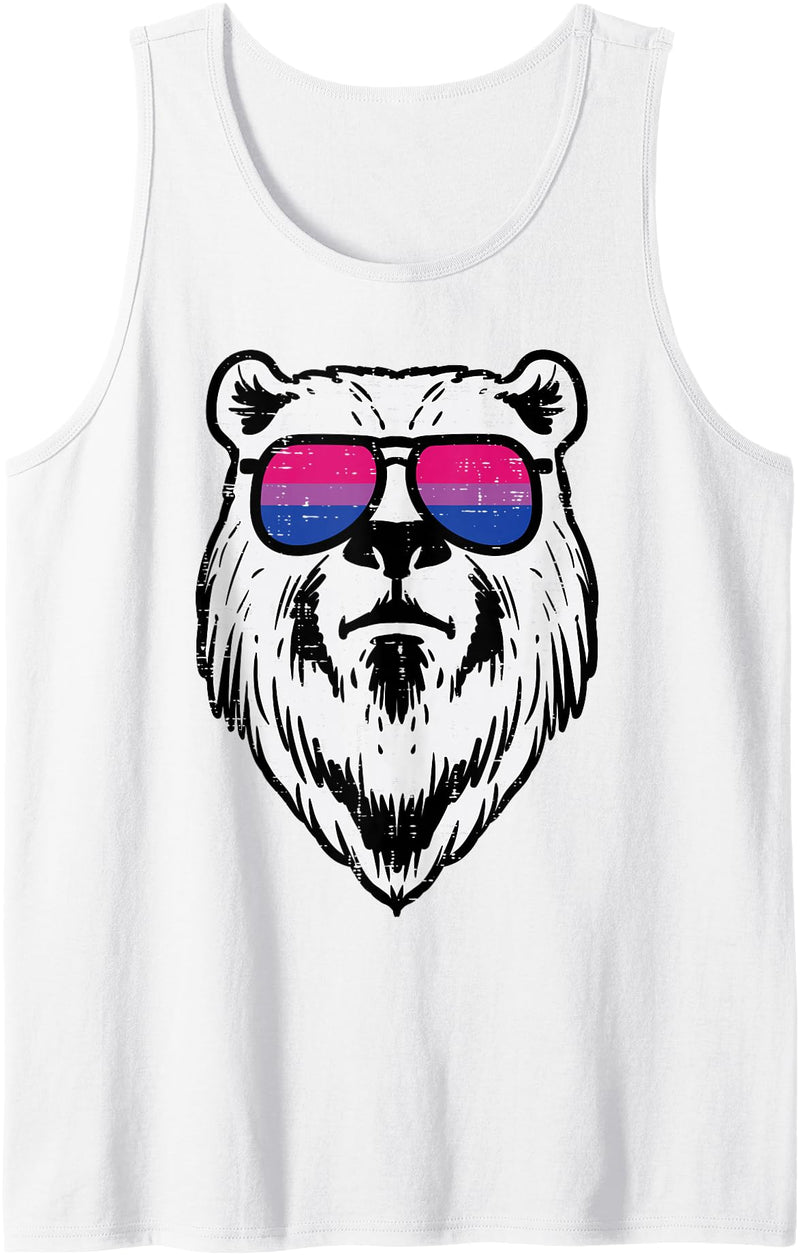 Bisexual Bi Pride Stuff Men Women Gifts Bear Face Bisexual Sunglasses Bi Pride Flag LGBTQ Men Women Tank Top - White