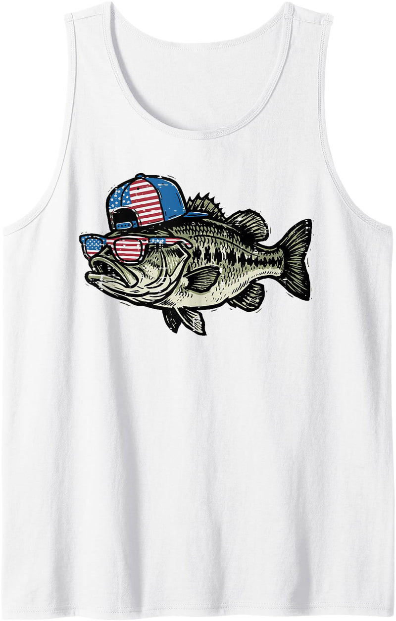4th Of July For Women Men Kids Fourth Gift 4th of July Bass Fish US Flag Cap Patriotic Fishing Men Kids Tank Top - White