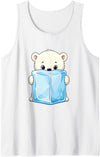 Cute Arctic Polar Bear With Ice Cube Kawaii Baby Polar Bear Holding Ice Cube Cartoon Tank Top - White