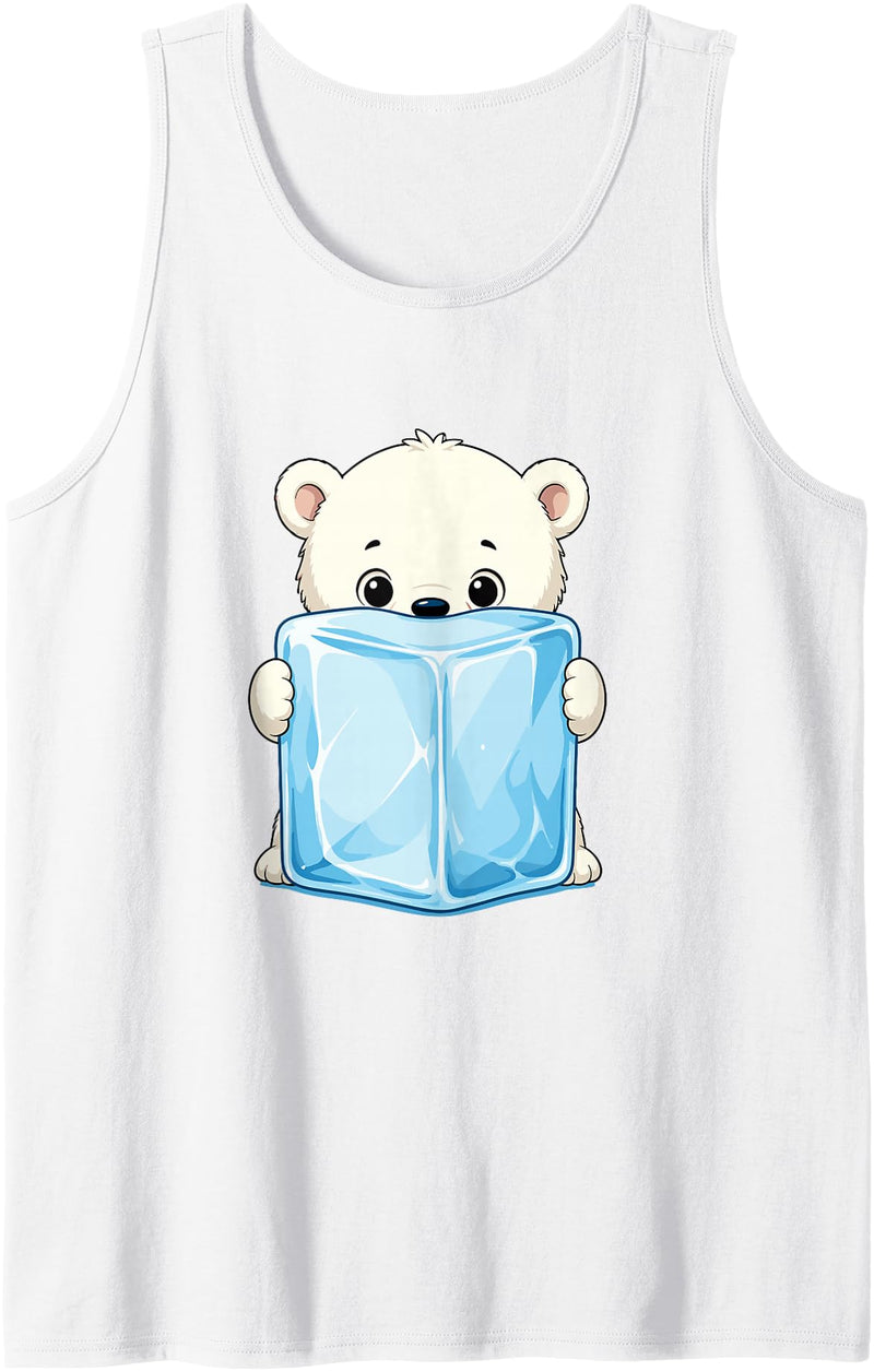 Cute Arctic Polar Bear With Ice Cube Kawaii Baby Polar Bear Holding Ice Cube Cartoon Tank Top - White