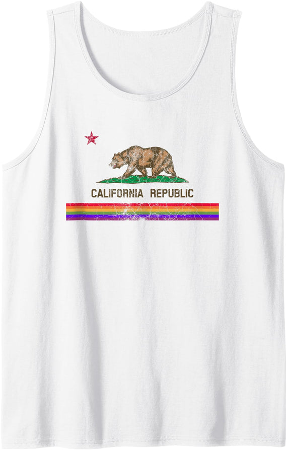 CALIFORNIA STATE FLAG LGBTQ GAY PRIDE RAINBOW TEES CALIFORNIA STATE FLAG BEAR LGBTQ GAY PRIDE RAINBOW PARADE Tank Top - White