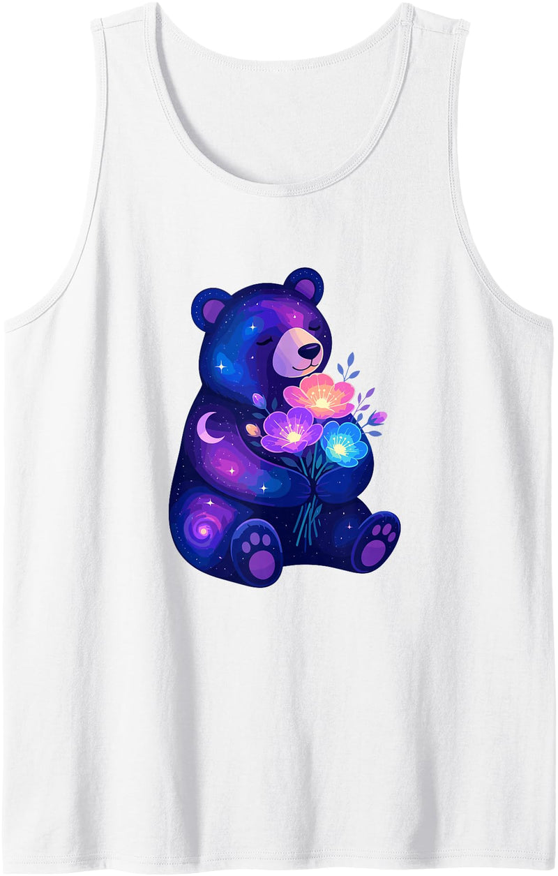 Galaxy Bear Space Flowers Cute Cosmic Night Cosmic Night Bear with Colorful Space Flowers Tank Top - White