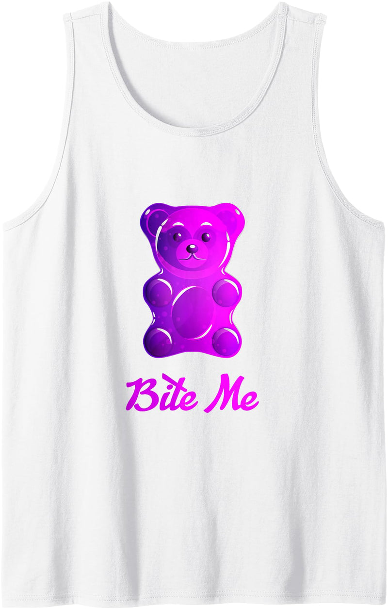 Bahaa's Tee Cool Bite Me Colorful Gummy Bear Candy Illustration Graphic Tank Top - White