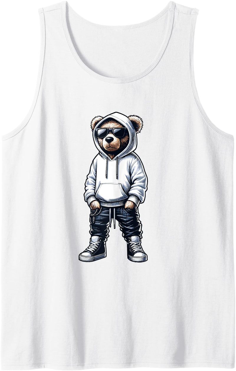 Urban Teddy Bear Graphic Hip Hop Rappers Aesthetic Graphic Teddy Bear Cool Bears Hip Hop Streetwear Colorful Tank Top - White