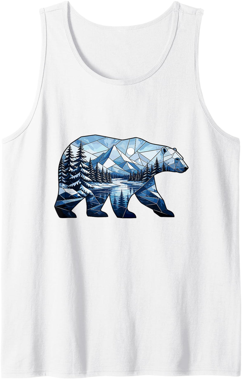 Wild Bear Mountain Forest Nature Landscape Geometric Polar Bear Winter Mountain Scene Tank Top - White