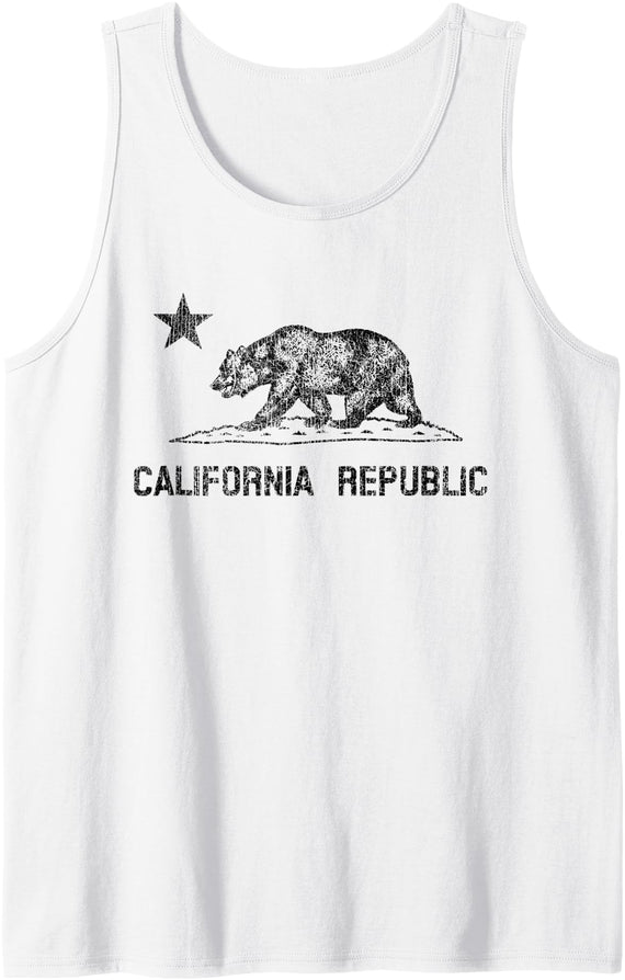 California Republic Bear Design California Republic Flag Distressed Bear Tank Top - White