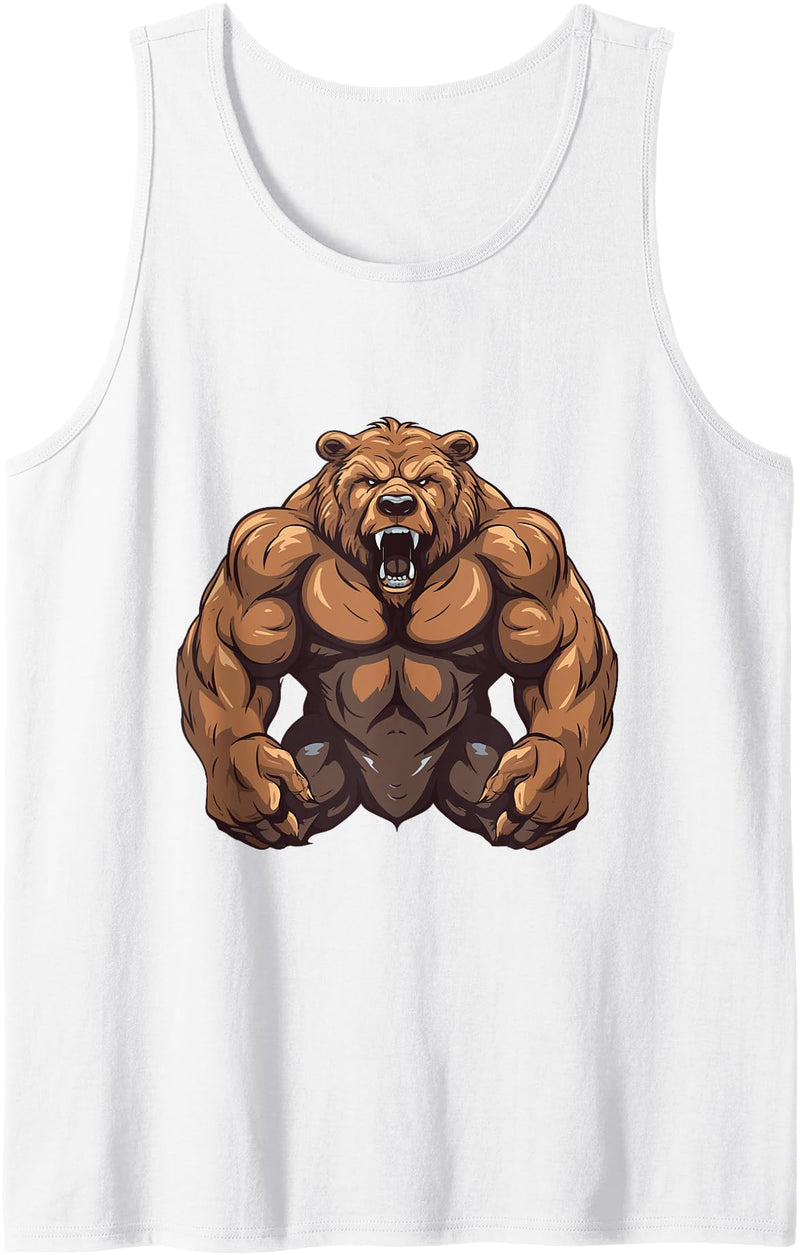 Workout Power Mood Inc Grizzly Bear WIth Muscles Workout Gym MMA Fighter Tank Top - White
