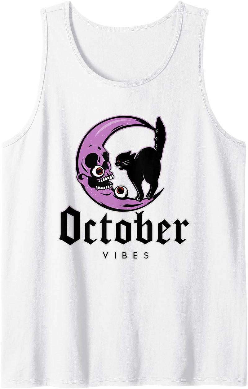 Night Creatures October Vibes Moon Black Cat Halloween Goth Gothic Tank Top - White