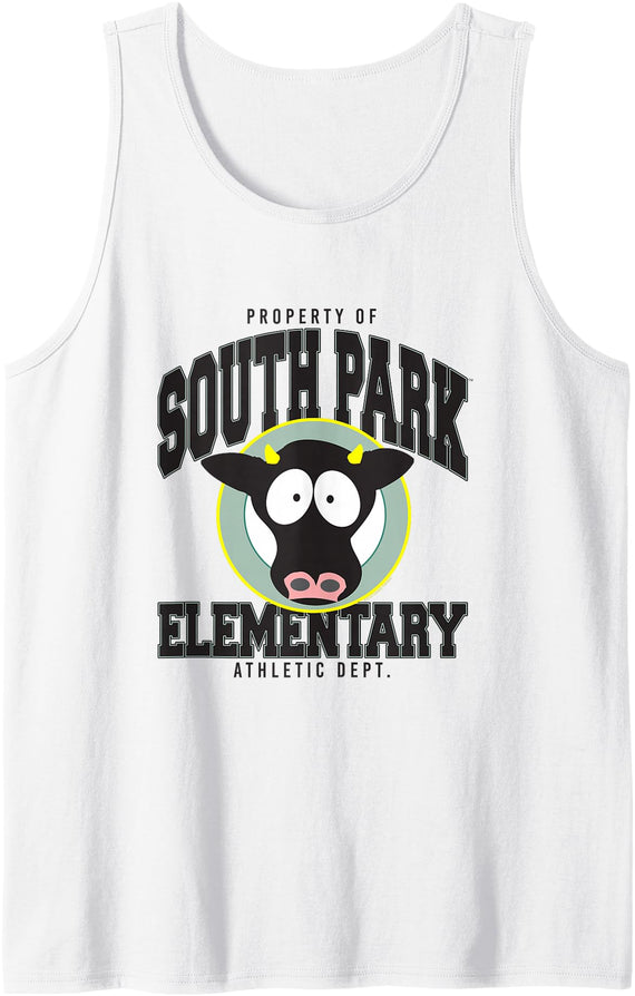 South Park Elementary Cow School Logo and Mascot Cartoon Tank Top - White