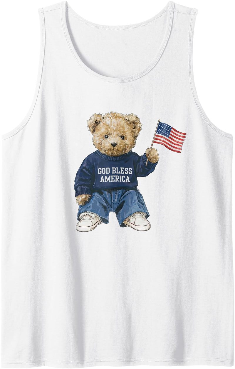 Cute Patriotic Teddy Bear Designs God Bless America Teddy Bear Patriotic 4th of July Tank Top - White