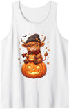 Spooky Highland Moo Crew Women Girls Tees Highland Cow Halloween Cute Pumpkin Autumn Womens Girls Tank Top - White